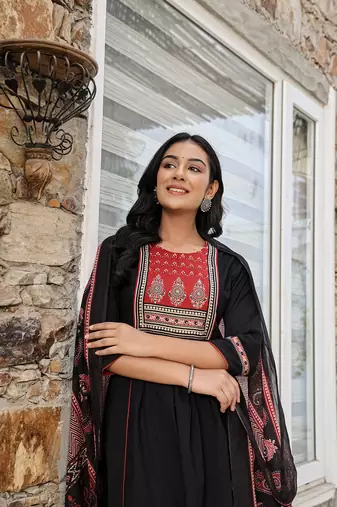 black cotton a line gathered or pleated kurta dupatta set
