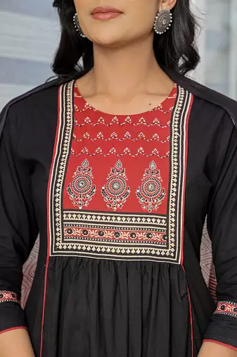 black cotton a line gathered or pleated kurta dupatta set