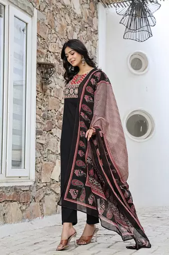 black cotton sequins work straight kurta set