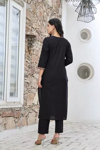 black cotton sequins work straight kurta set