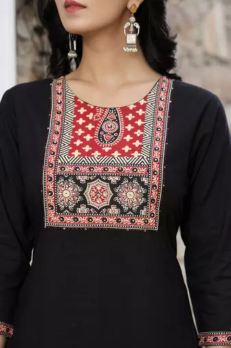 black cotton sequins work straight kurta set