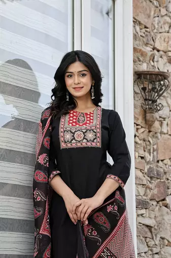 black cotton sequins work straight kurta set