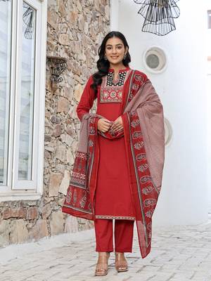 maroon cotton mandarin collar kurta dupatta set 1