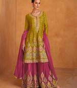 Dark pale mustard embroidery sequences work & codding work with heavy premium silk shara suit