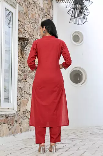 maroon cotton mandarin collar kurta dupatta set
