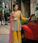 Mustard embroidery codding work  & siquance work with heavy chinon semi-stitched sharara suit