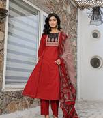 maroon cotton a line kurta dupatta set