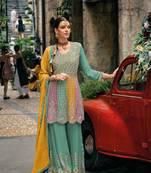 Light teal embroidery codding work  & siquance work with heavy chinon semi-stitched sharara suit
