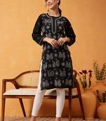 Hand embroidered black cotton lucknowi chikankari straight kurta
