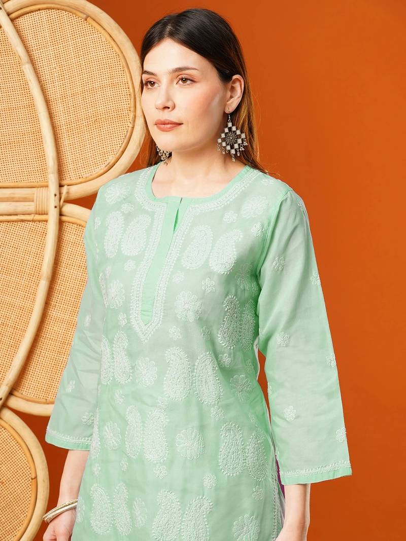 Hand embroidered sea green cotton lucknowi chikankari straight kurta