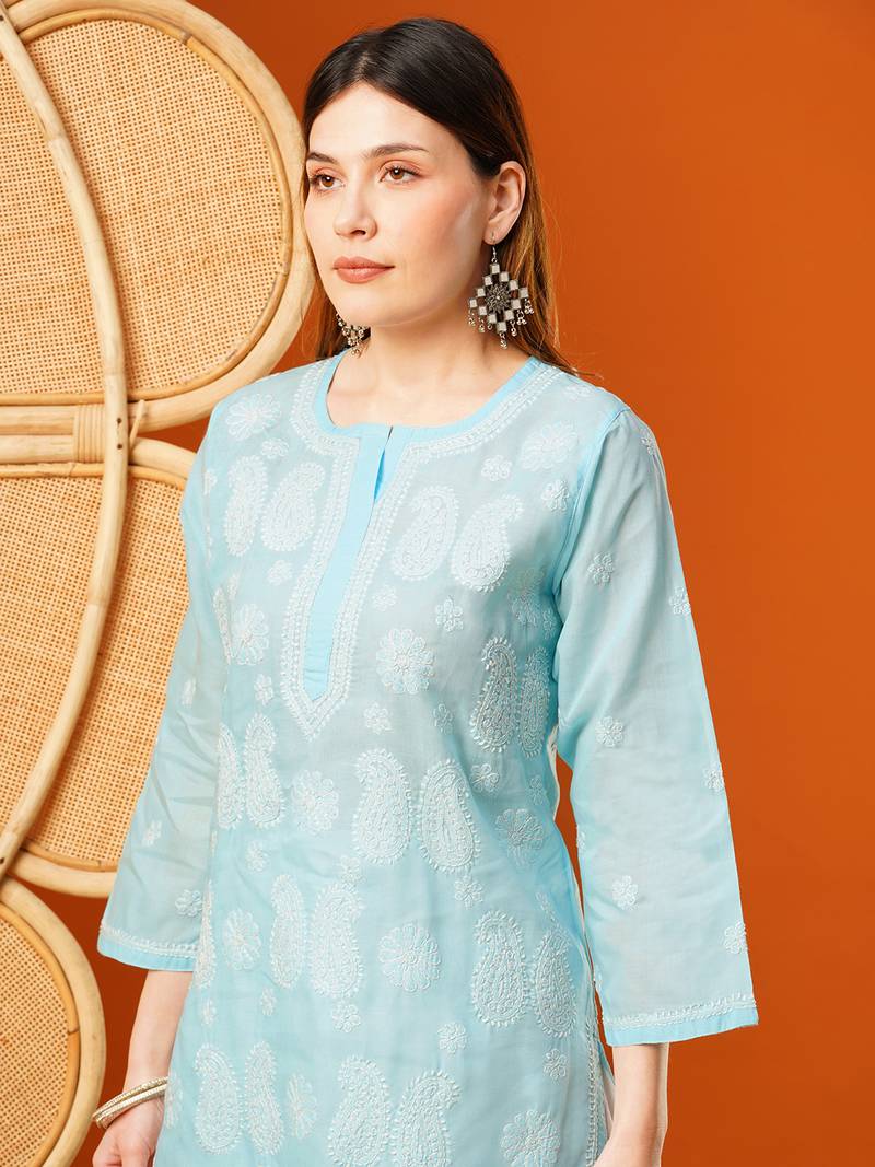 Hand embroidered blue cotton lucknowi chikankari straight kurta