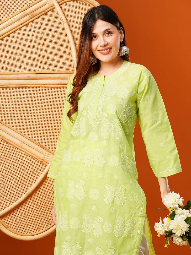 Hand embroidered green cotton lucknowi chikankari straight kurta