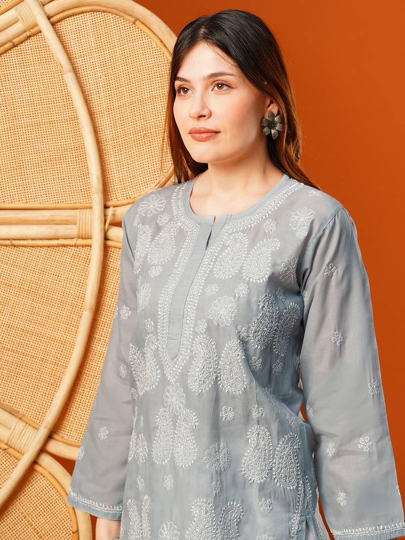 Hand embroidered grey cotton lucknowi chikankari straight kurta