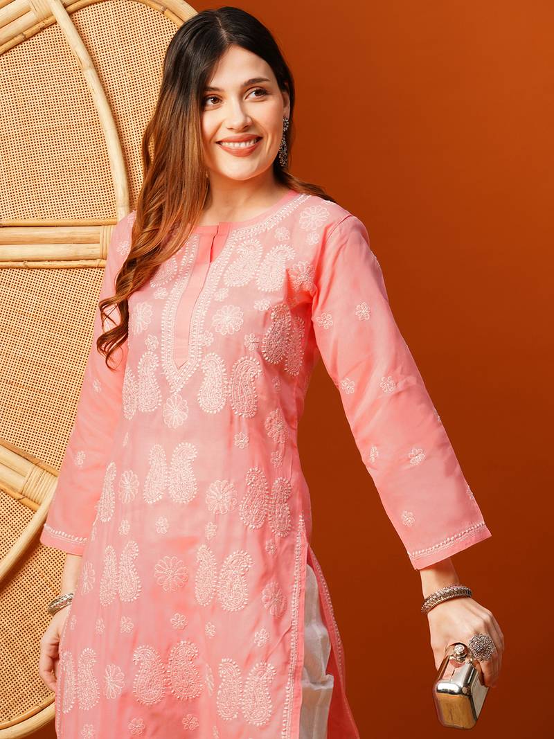 Hand embroidered peach cotton lucknowi chikankari straight kurta