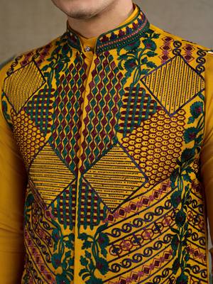 Yellow viscose silk thread swarovski embroidered work with kurta & koti 6