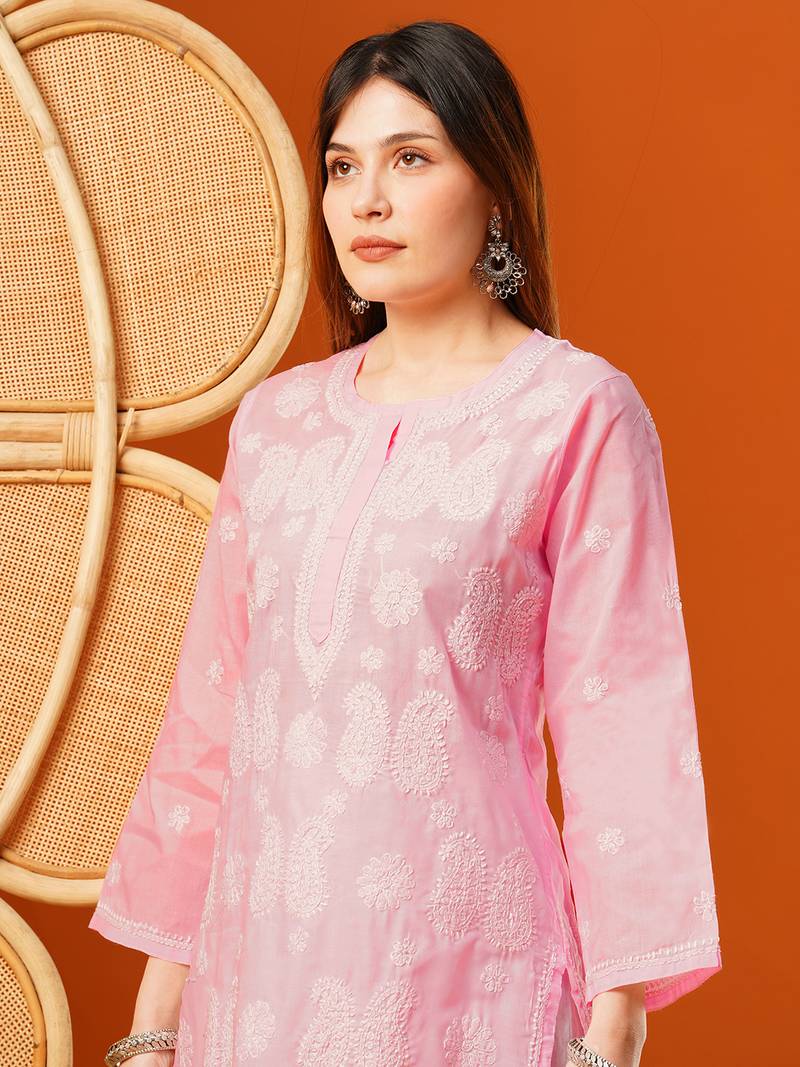 Hand embroidered pink cotton lucknowi chikankari straight kurta
