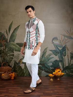 White viscose silk thread warovski embroidered work with kurta & koti 6