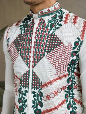 White viscose silk thread warovski embroidered work with kurta & koti 7