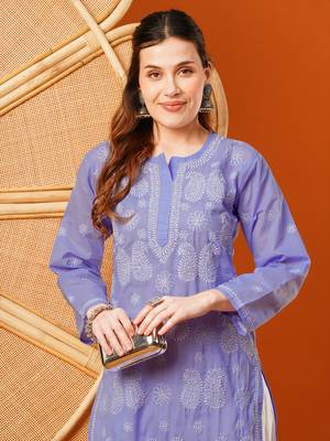 Hand embroidered mauve cotton lucknowi chikankari straight kurta 6