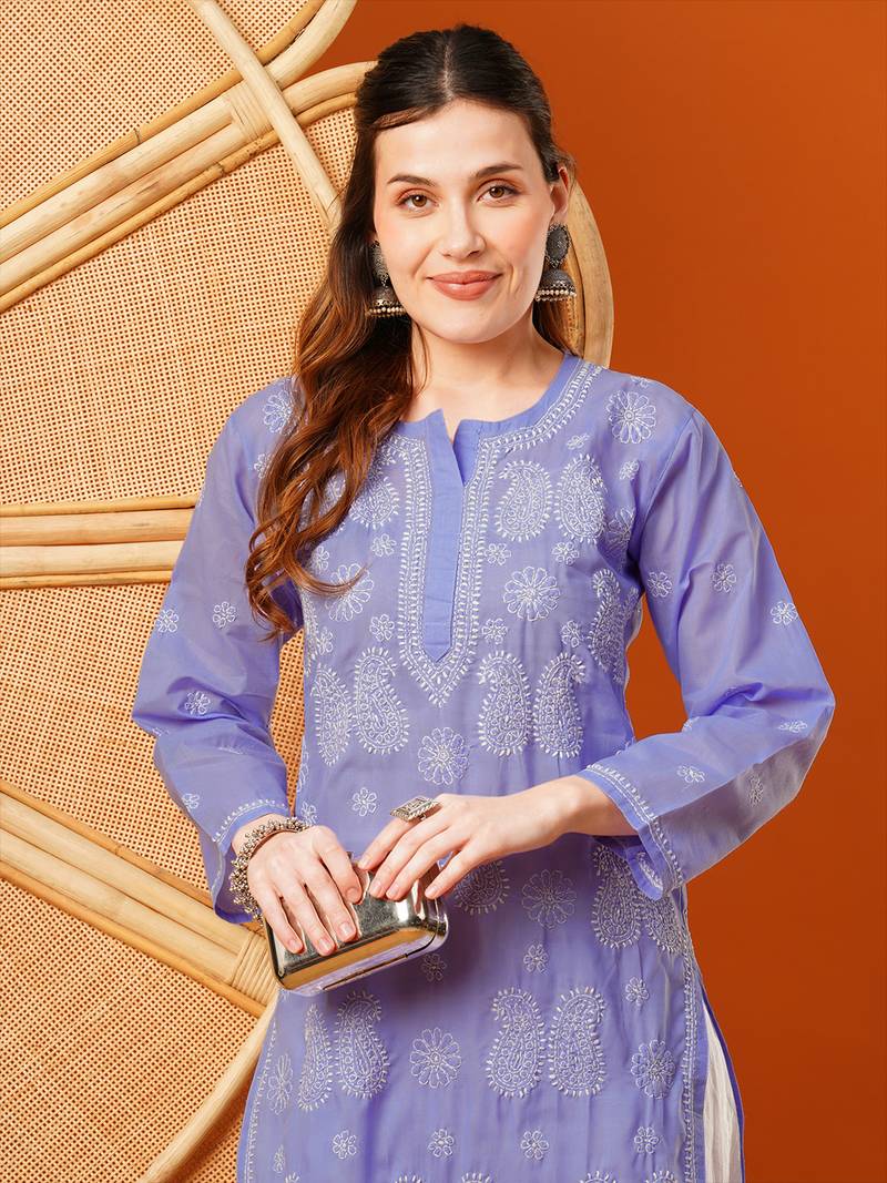 Hand embroidered mauve cotton lucknowi chikankari straight kurta