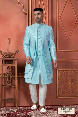 men sky blue computer thread work on art silk 4 piece attached  jacket set 1