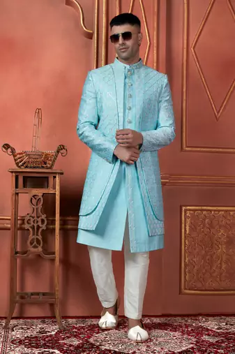 men sky blue computer thread work on art silk 4 piece attached  jacket set