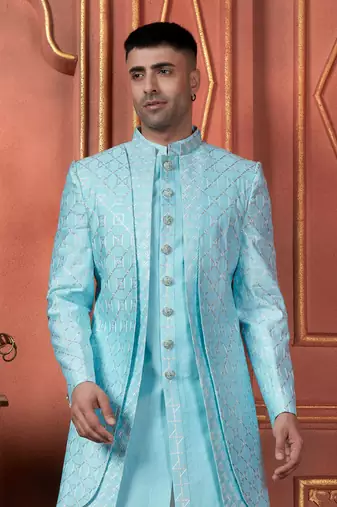 men sky blue computer thread work on art silk 4 piece attached  jacket set