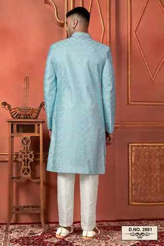 men sky blue computer thread work on art silk 4 piece attached  jacket set