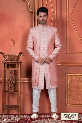 men pink computer thread work on art silk 4 piece attached  jacket set 1