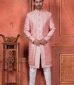 Men pink computer thread work on art silk 4 piece attached  jacket set