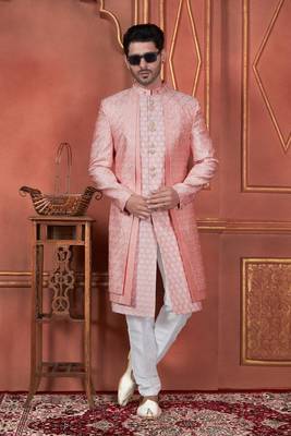 men pink computer thread work on art silk 4 piece attached  jacket set 2