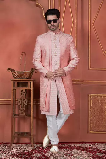 men pink computer thread work on art silk 4 piece attached  jacket set