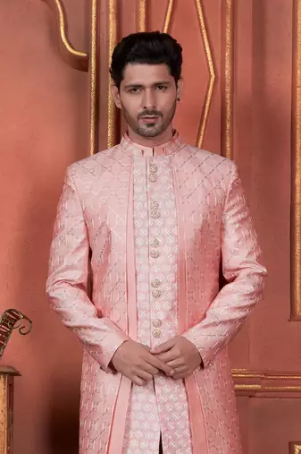 men pink computer thread work on art silk 4 piece attached  jacket set