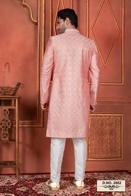 men pink computer thread work on art silk 4 piece attached  jacket set 4