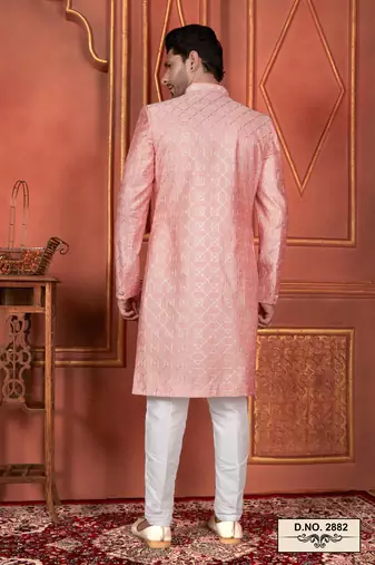 men pink computer thread work on art silk 4 piece attached  jacket set