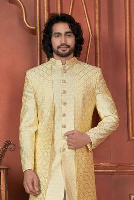men yellow computer thread work on art silk 3 piece attached jacket set for men 1