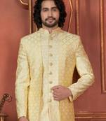 Men yellow computer thread work on art silk 3 piece attached jacket set for men