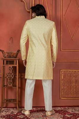 men yellow computer thread work on art silk 3 piece attached jacket set for men 2