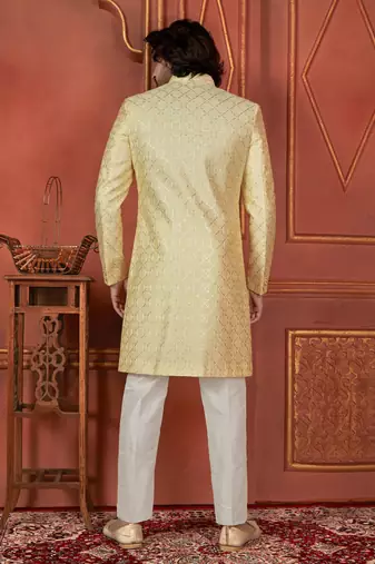 men yellow computer thread work on art silk 3 piece attached jacket set for men