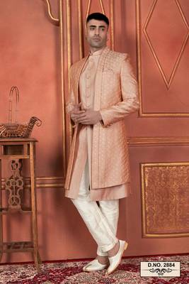 men orange computer thread work on art silk 3 piece jacket set 1