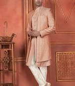 Men orange computer thread work on art silk 3 piece jacket set