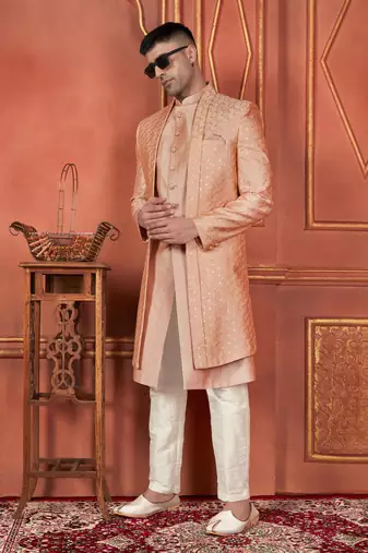 men orange computer thread work on art silk 3 piece jacket set
