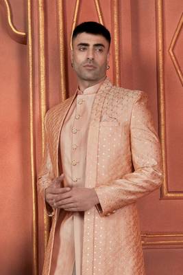 men orange computer thread work on art silk 3 piece jacket set 3