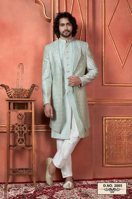 men pista green computer thread work on art silk 3 piece jacket set 1