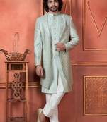 Men pista green computer thread work on art silk 3 piece jacket set