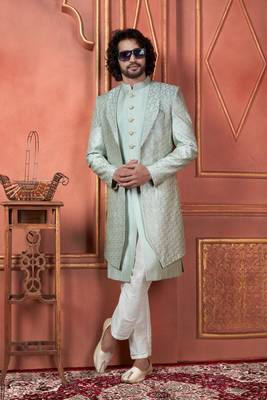 men pista green computer thread work on art silk 3 piece jacket set 2