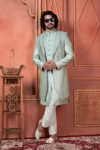 men pista green computer thread work on art silk 3 piece jacket set