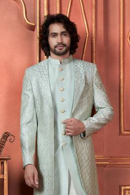 men pista green computer thread work on art silk 3 piece jacket set 3