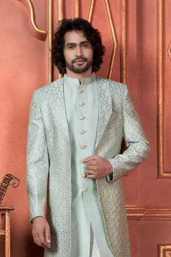 men pista green computer thread work on art silk 3 piece jacket set