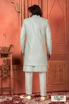 men pista green computer thread work on art silk 3 piece jacket set 4